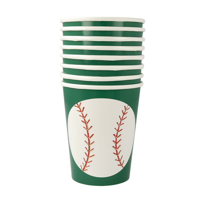 A stack of paper cups with a green rim and white base resembling a baseball with red stitching.