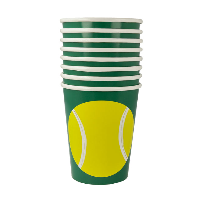A stack of green cups with a yellow tennis ball printed on each one.