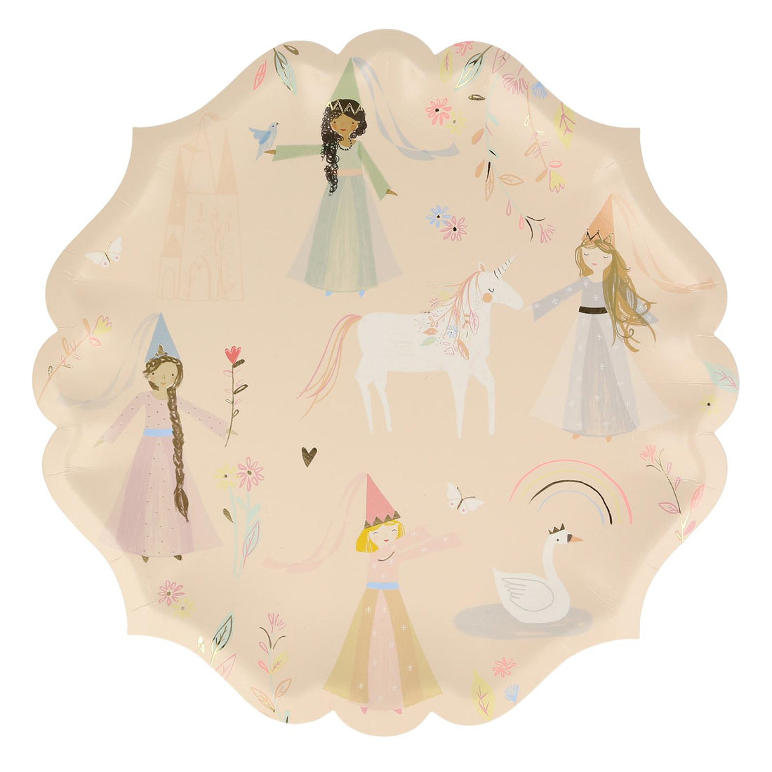 Illustration of fairy tale characters including princesses, a unicorn, and whimsical elements on Meri Meri&