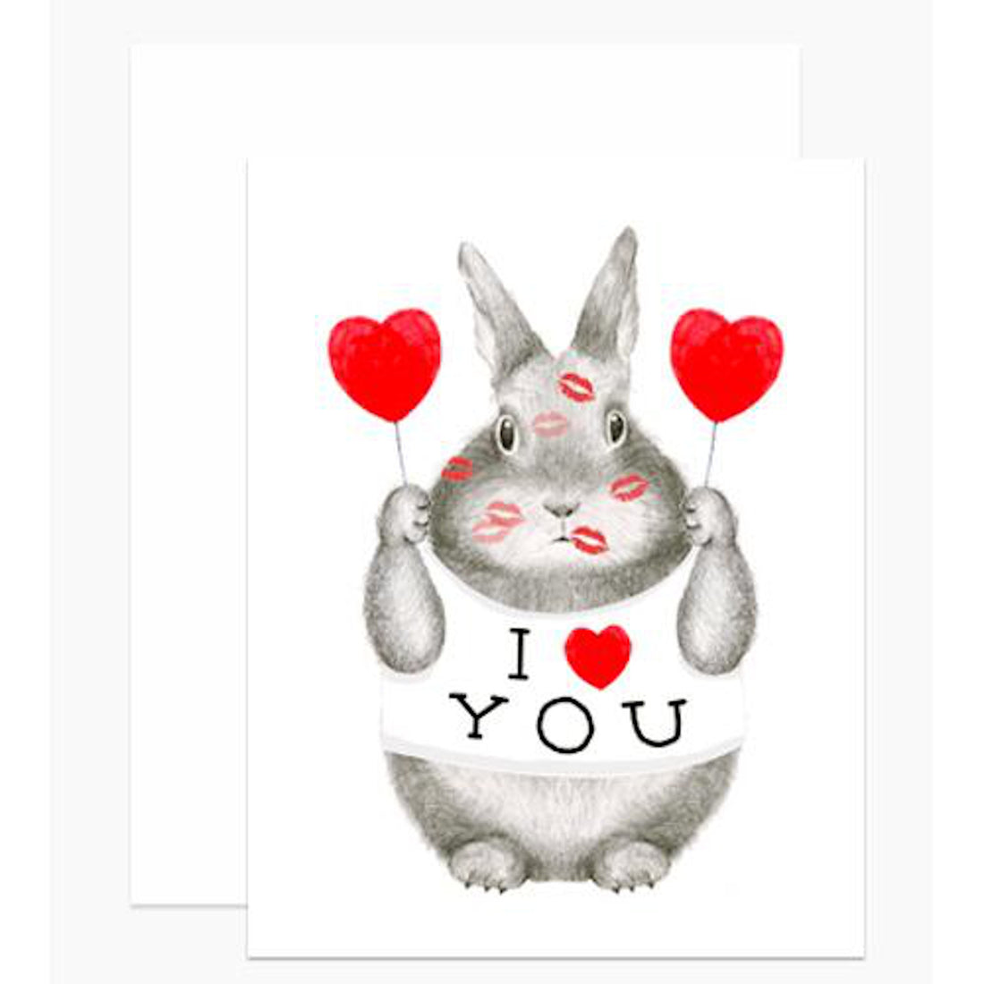 Illustration of a rabbit holding two heart-shaped balloons and a banner reading &quot;i love you,&quot; with kiss marks on its cheeks, by Dear Hancock&