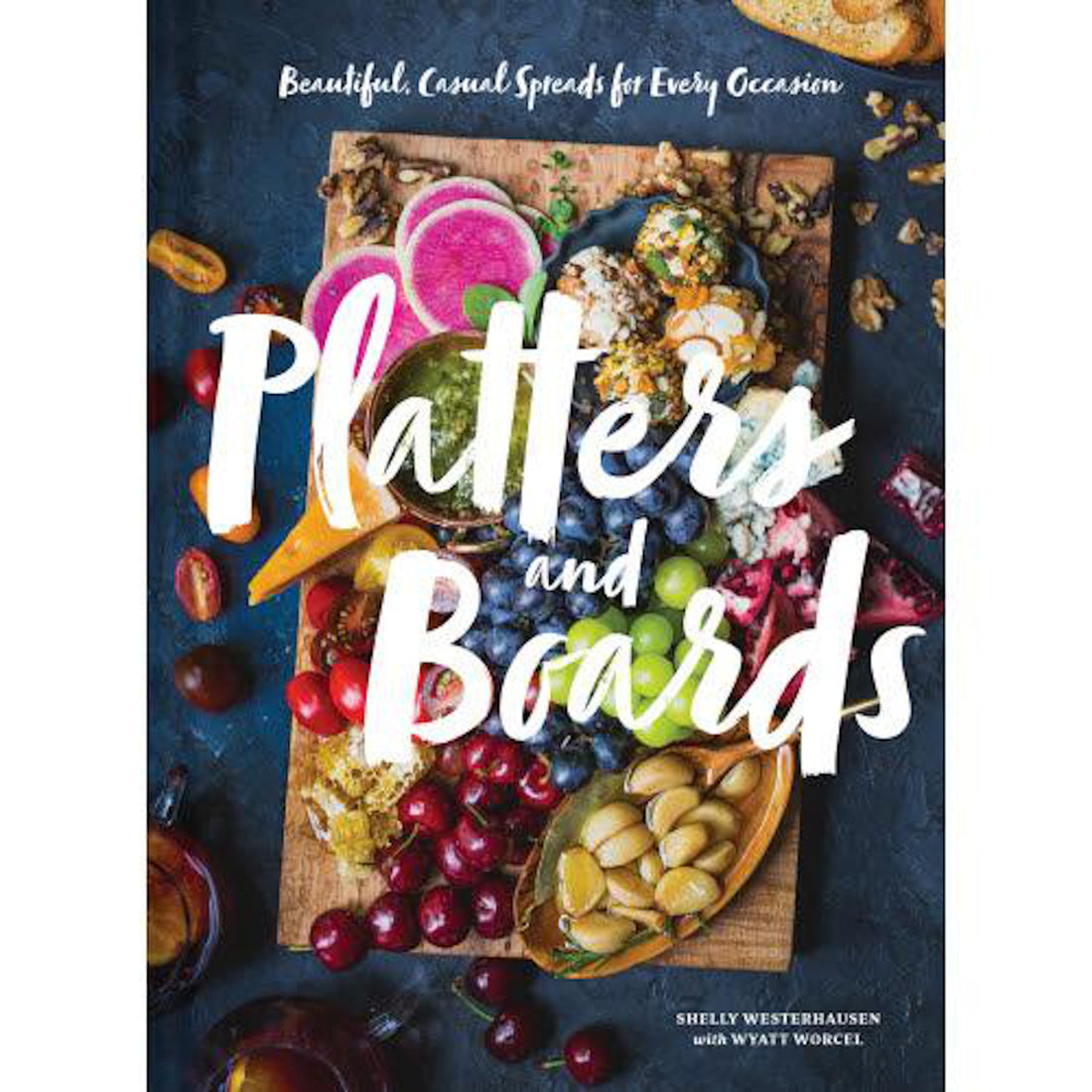 Cover of a cookbook titled &quot;Platters and Boards&quot; by Chronicle Books featuring an assortment of foods artistically arranged on a wooden board, perfect for entertaining.