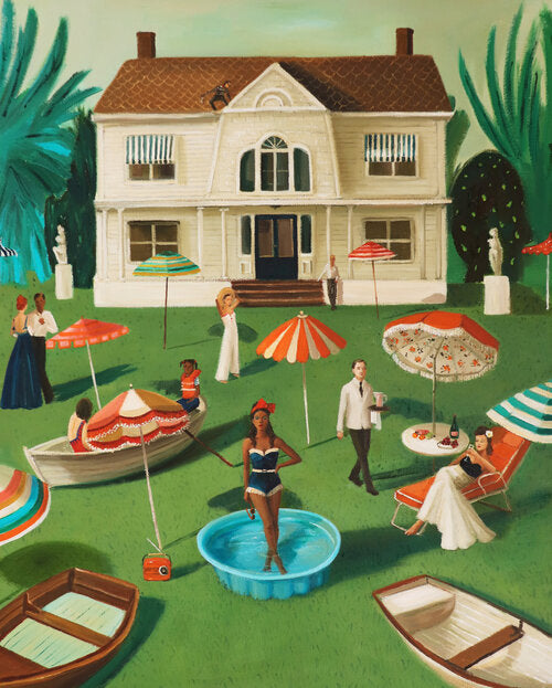 A surreal painting by Janet Hill, depicting a Victorian-style house with various people engaged in leisurely activities on a grassy lawn, complete with boats, a wading pool, and colorful umbrellas, titled &quot;Suburban Riviera Small Art Print&quot;.