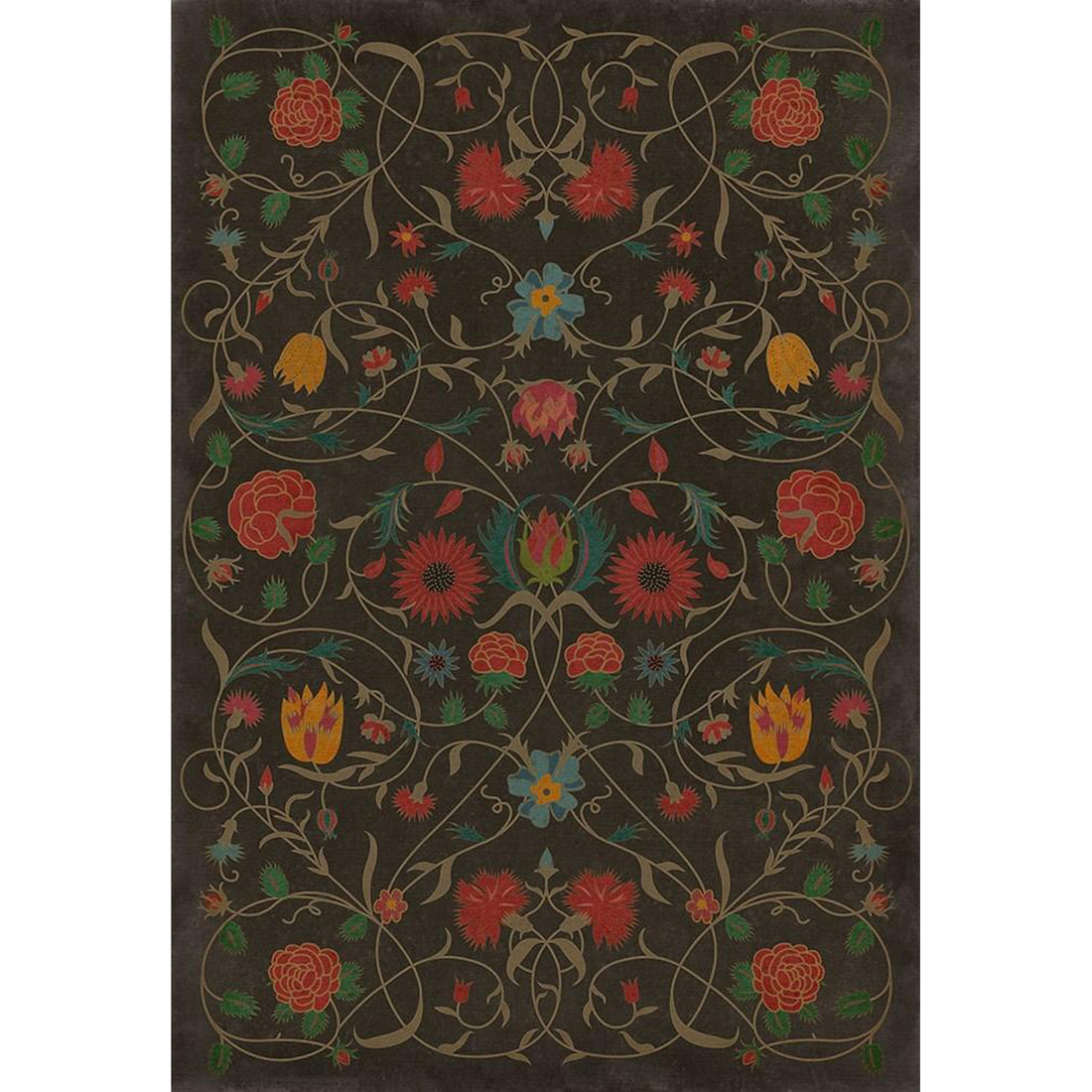 Ornate floral pattern with symmetrical design on a Williamsburg Floral Susannah Vinyl Rug by Spicher and Company.