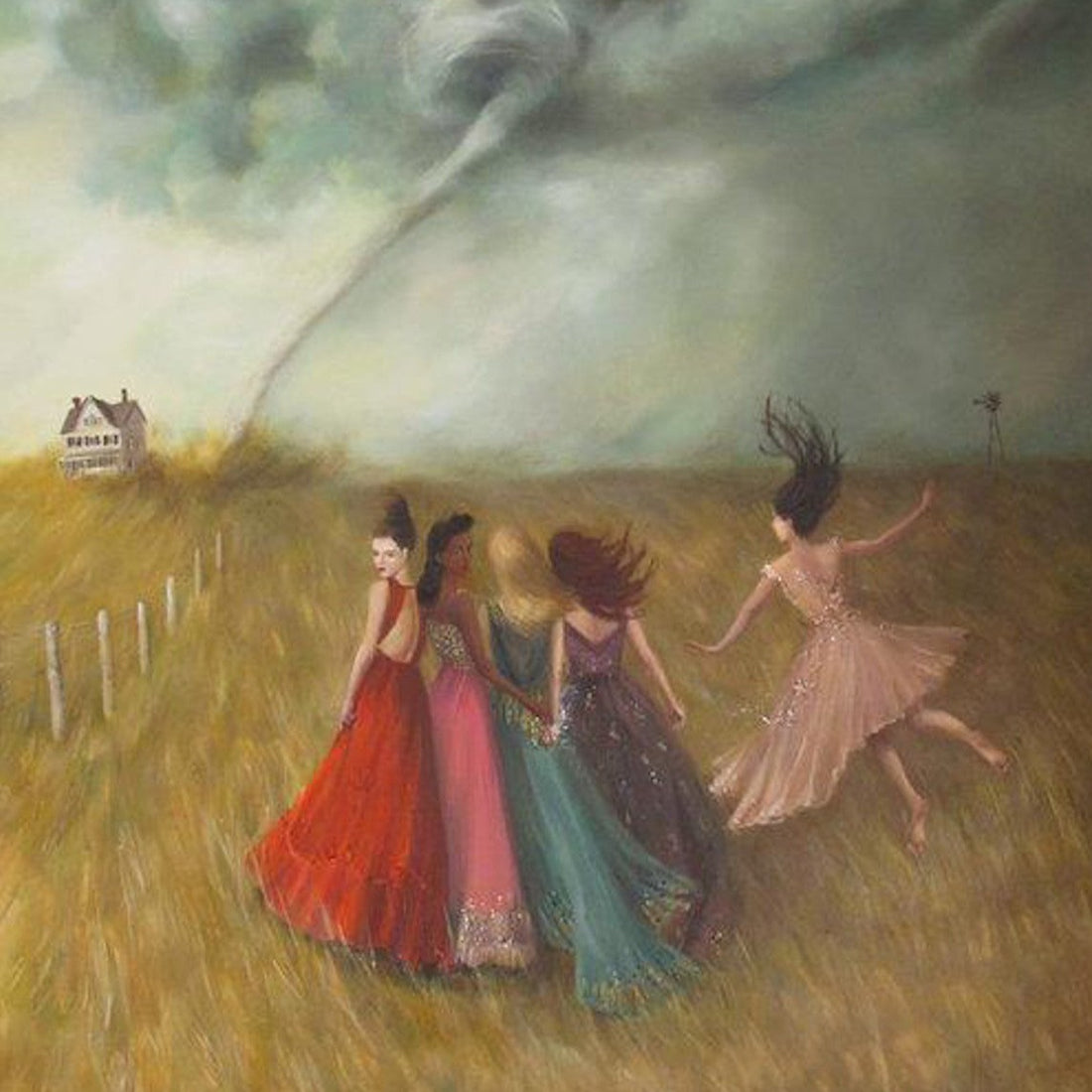Three women in elegant dresses, captured by Janet Hill, are running through a field with a tornado in the background.