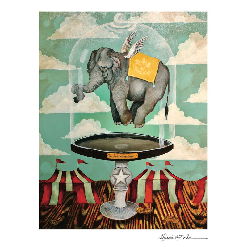 A fine quality Hester & Cook Amazing Ferdinand Art Print, showcasing an exquisite elephant enclosed in a delicate glass dome on 100% cotton paper.