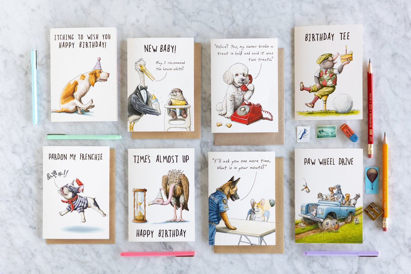 A flat lay of Bewilderbeest whimsical greeting cards.