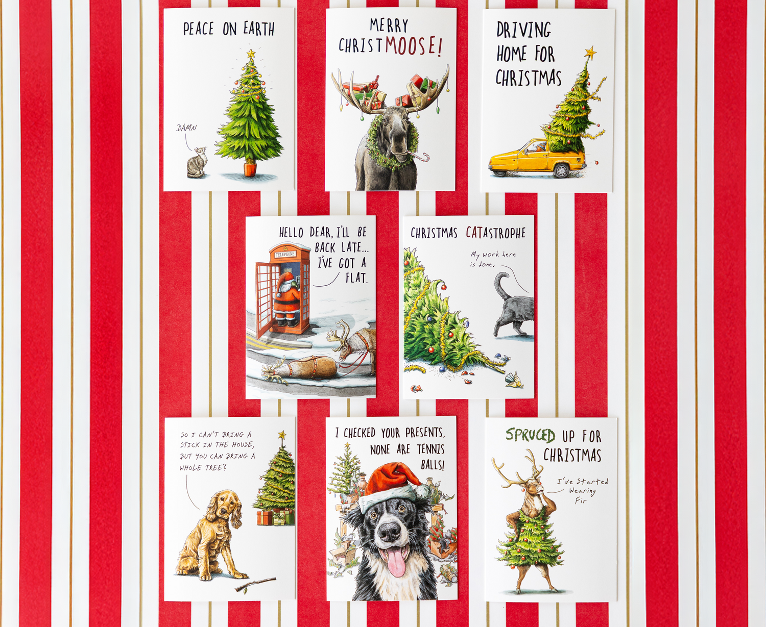 Bewilderbeest assorted Christmas cards on the Red &amp; Gold Awning Stripe Runner.