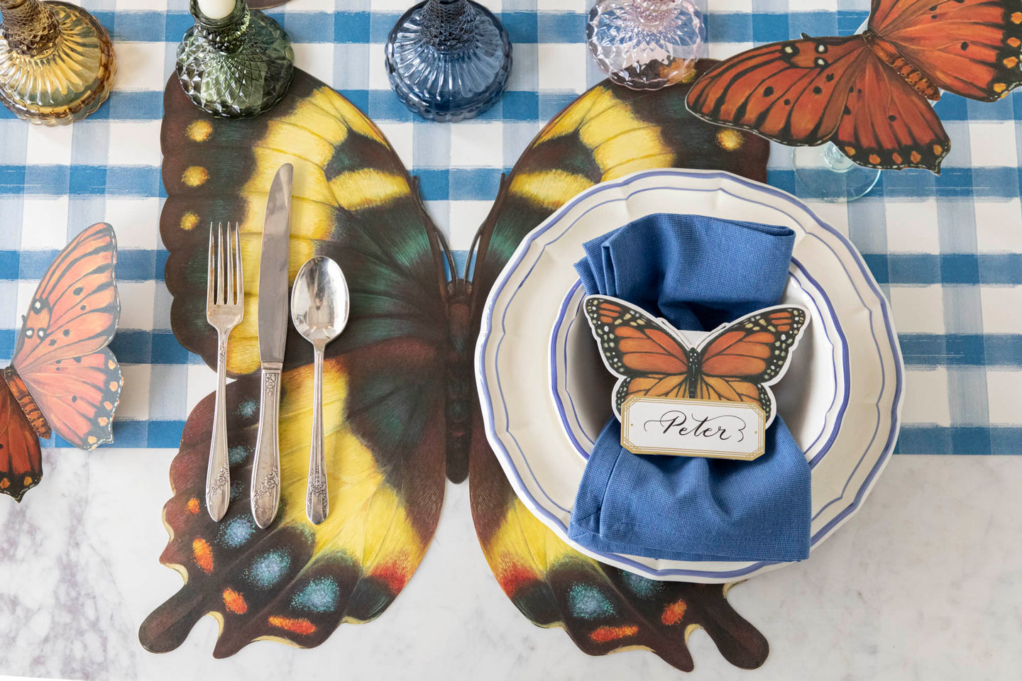 Die-cut Butterfly Placemat on a butterfly themed table setting.