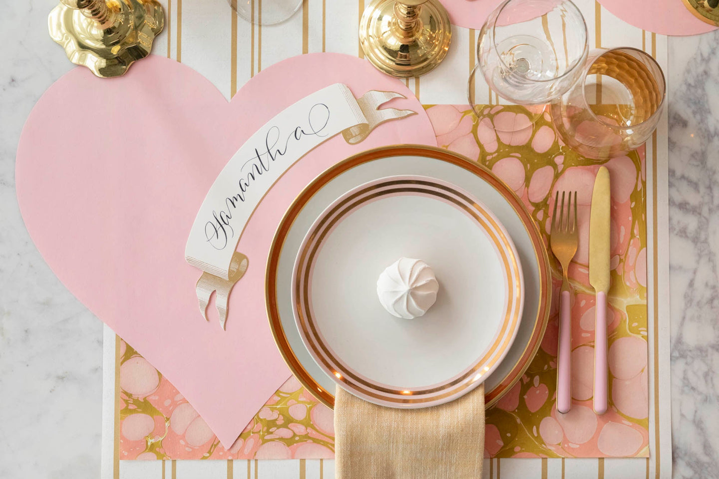 A Valentine's Day themed place setting featuring the Pink Heart Placemat.