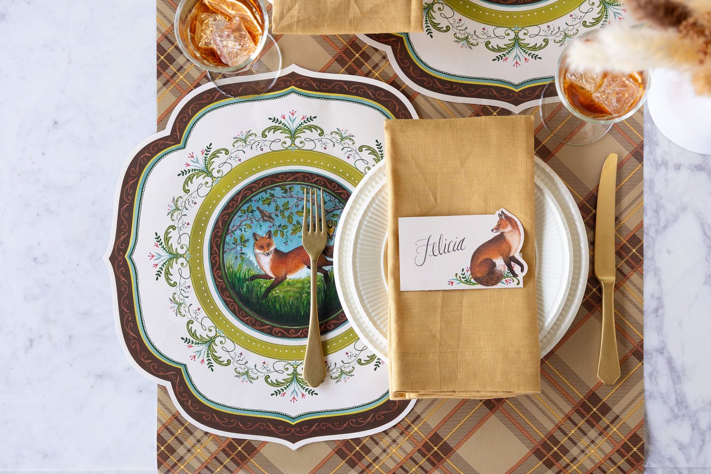 An elegant place setting featuring the Die-cut Fanciful Fox China Placemat, Fanciful Fox Place Card and Autumn Plaid Runner.