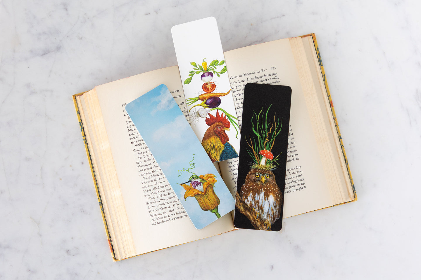 An open book featuring three Vicki Sawyer Bookmarks.
