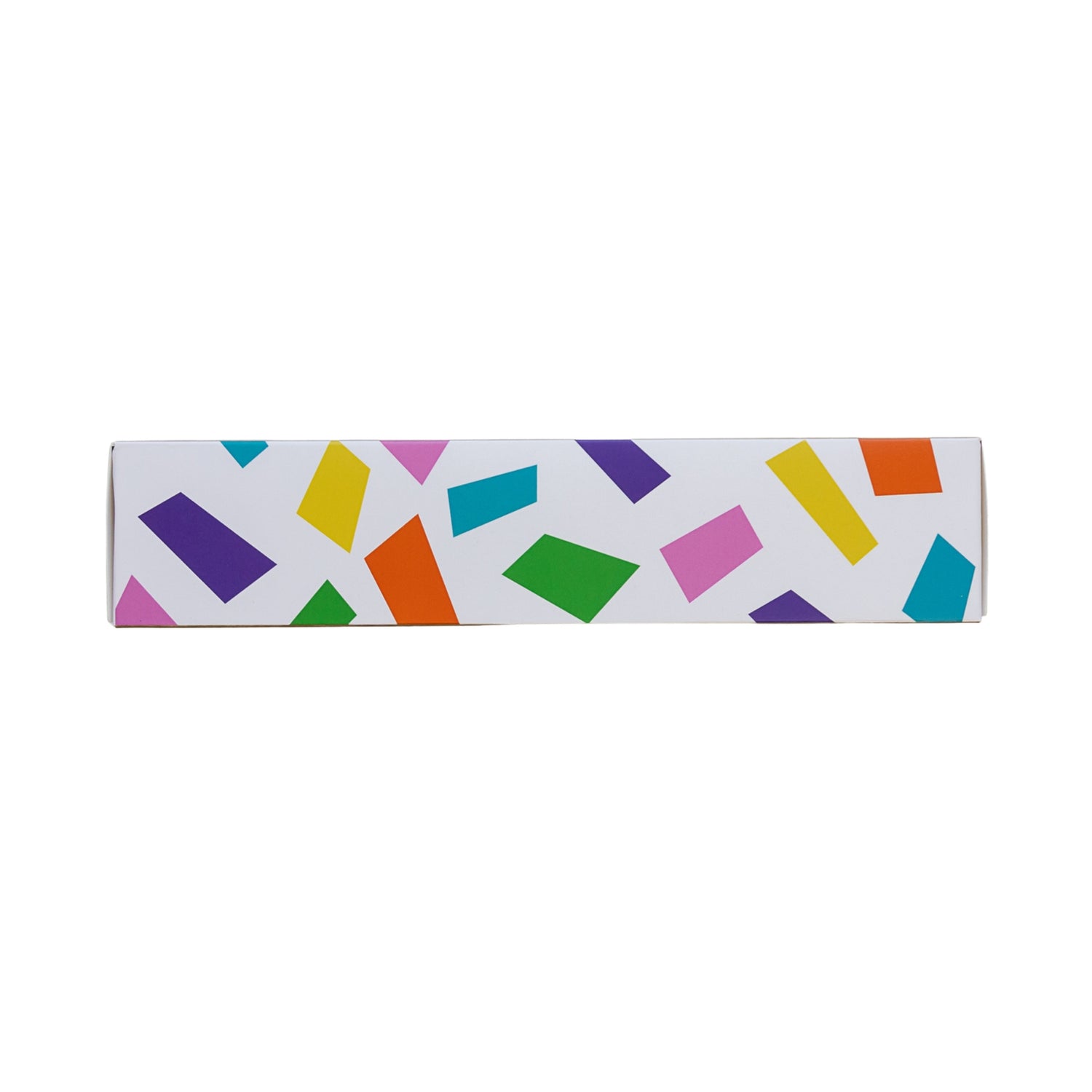 Rectangular box with colorful geometric pattern on a white background.