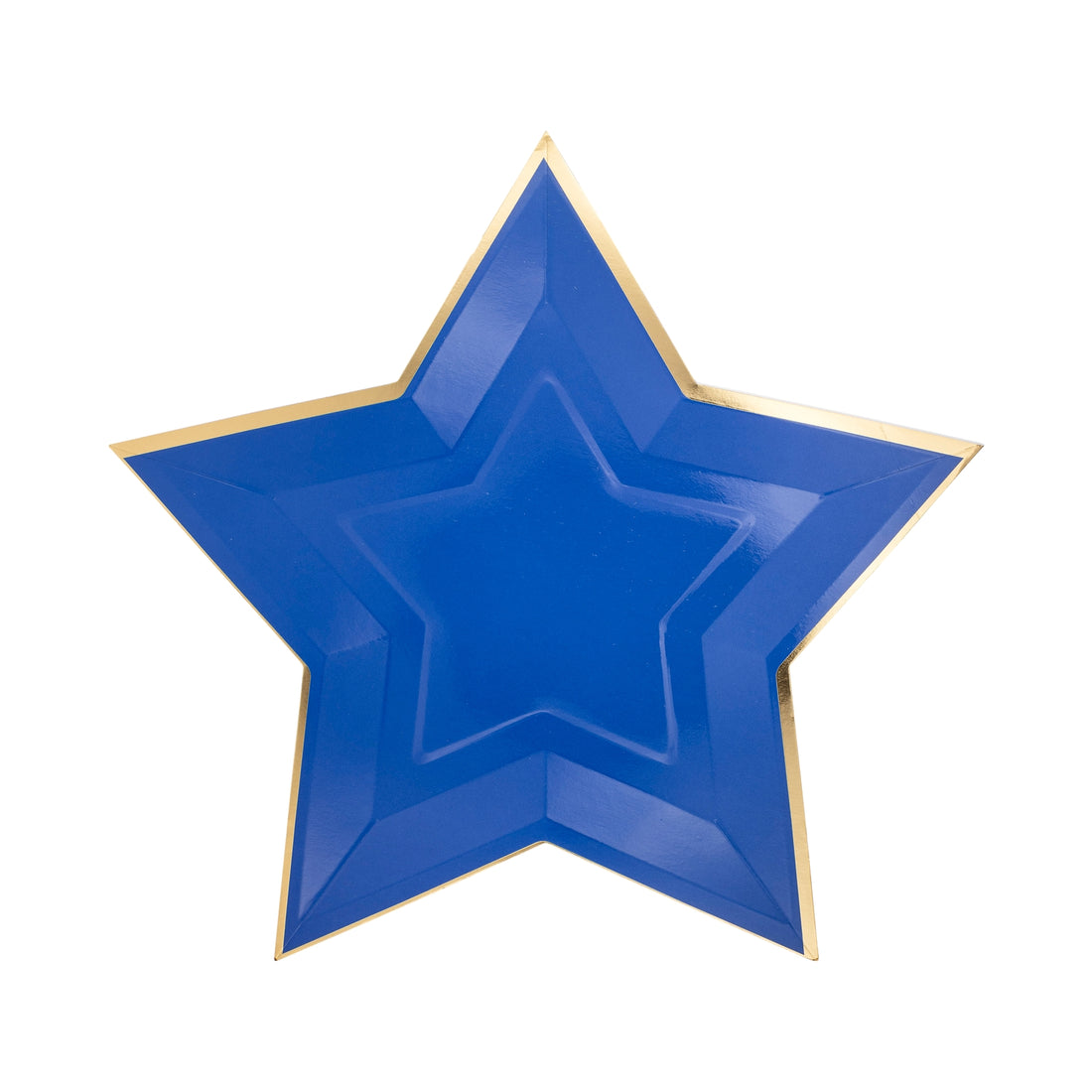 Blue star shaped paper plate with gold foil rim on a white background.