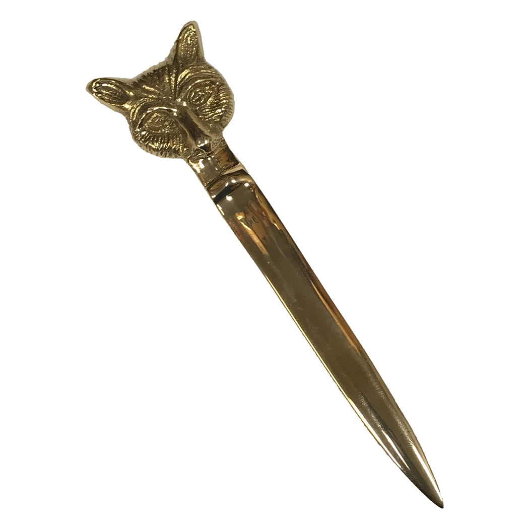 Gold letter opener with fox head design on a white background.