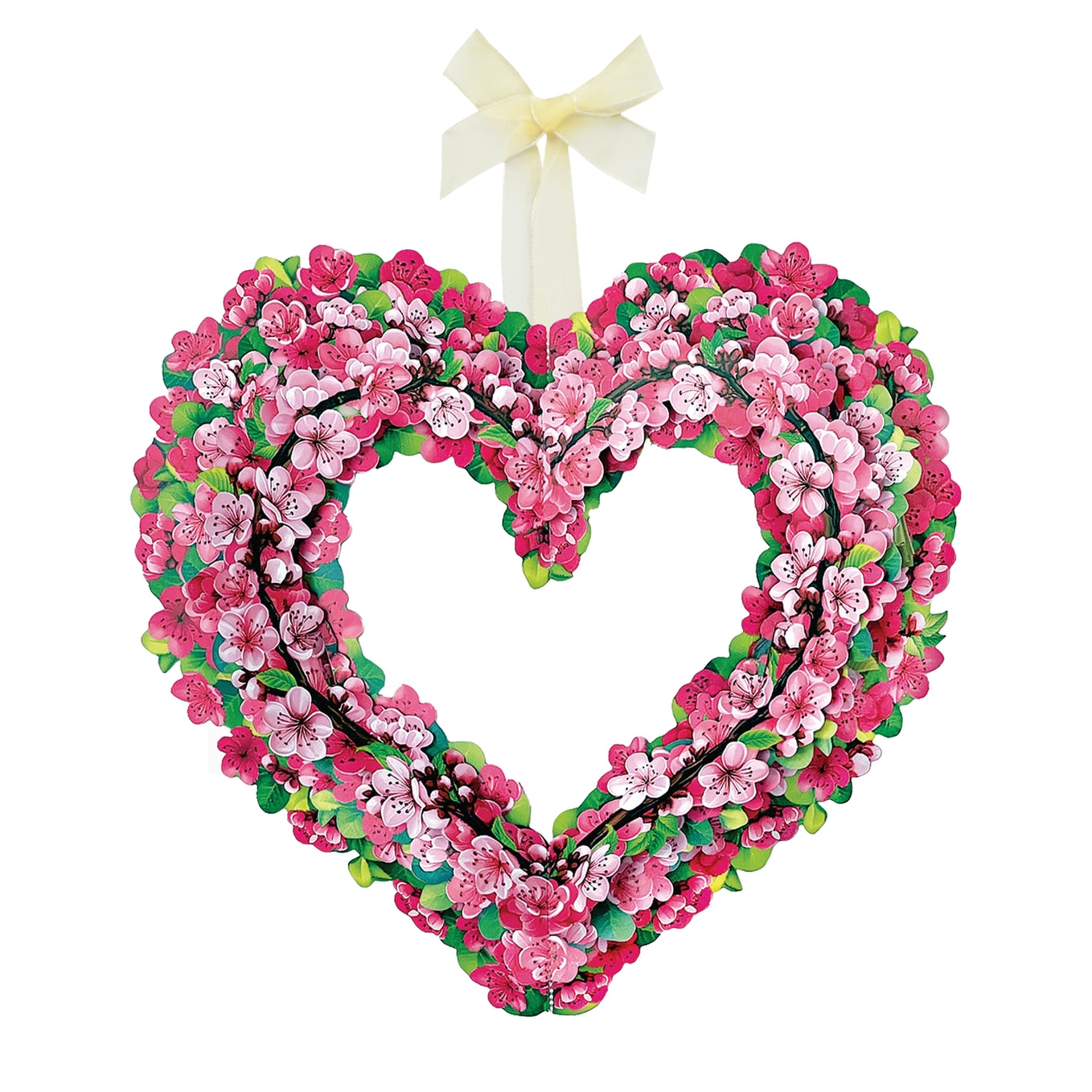 Heart-shaped floral wreath with pink and green flowers and a white bow on a white background.