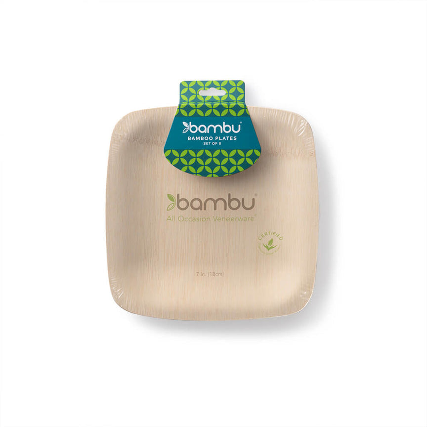 A compostable Veneerware Square Bamboo Plate with the brand Bambu Wholesale on it.