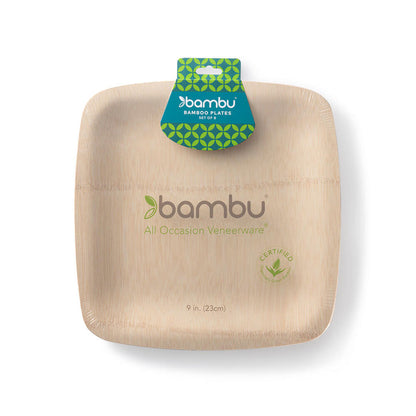 A compostable Veneerware Square Bamboo Plate with the brand name Bambu Wholesale on it.