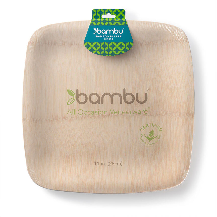 Modified Description: An Veneerware Square Bamboo Plate with the word Bambu Wholesale on it.