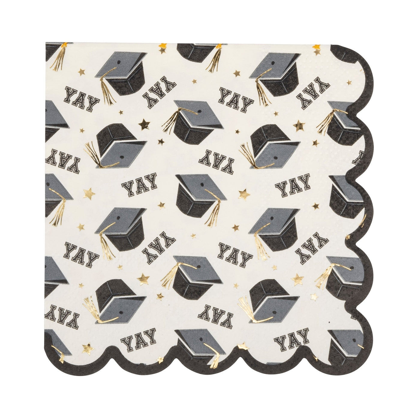 Paper napkin with graduation hats and YAY printed on it in black on a white background. 