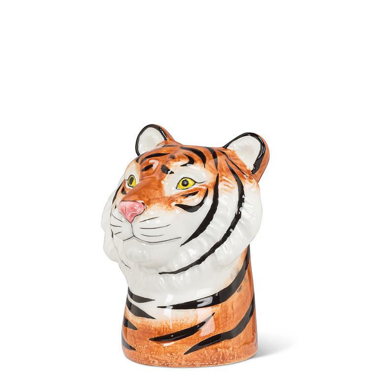 Tiger-shaped ceramic vase on a white background.