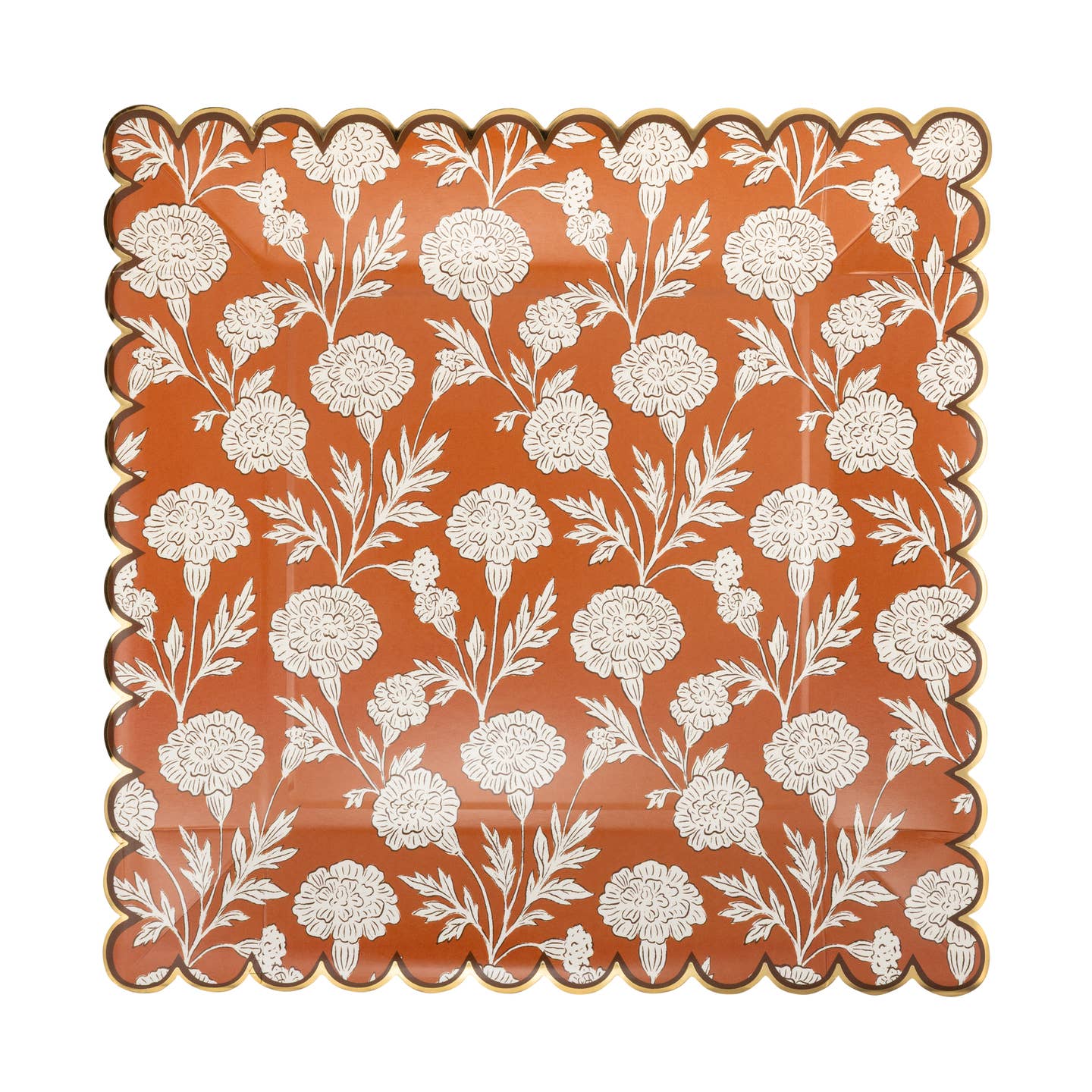 A square decorative plate with a scalloped edge, featuring a white floral and bird pattern on a warm terracotta orange background.