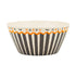 A Halloween-themed bowl with a black and white striped pattern, an orange scalloped border, and &