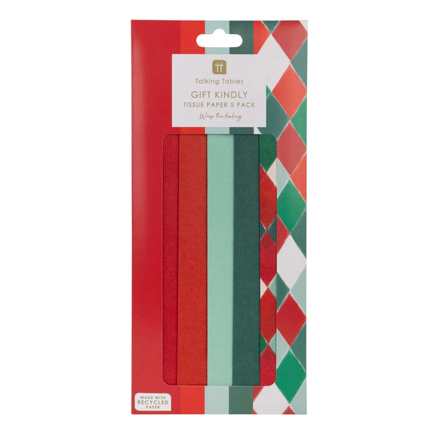 Packaged gift tissue paper with red, green, and multicolor patterns on a white background.
