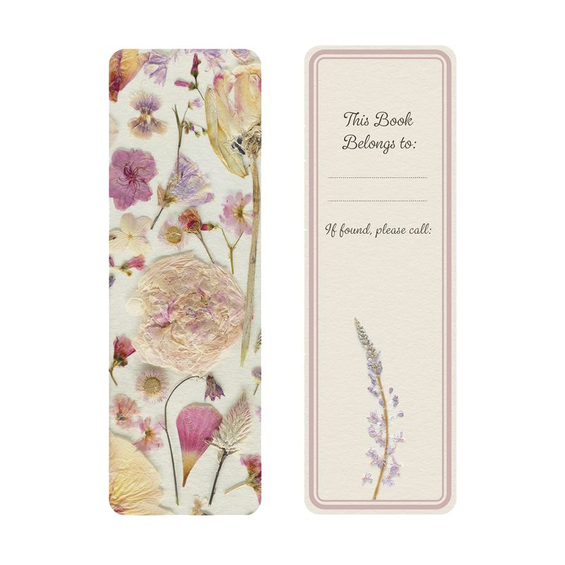 A floral bookmark with pressed flower design on one side and a place for personalization on the other. 