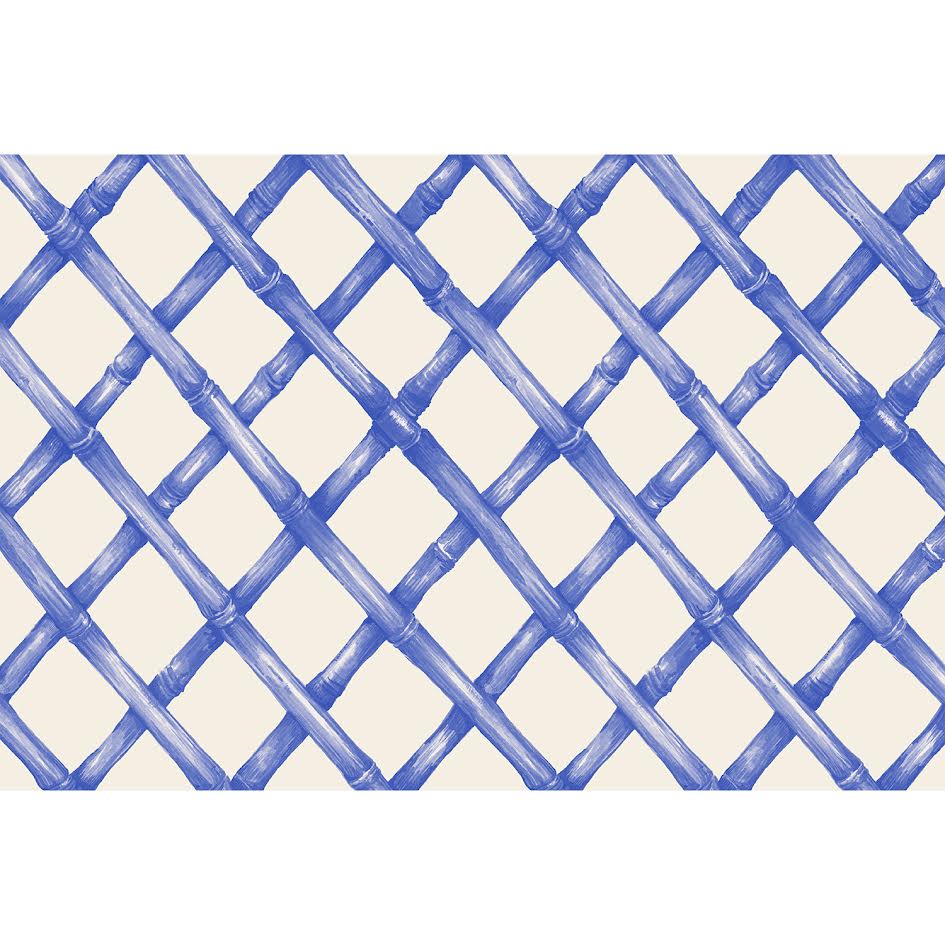 A repeating geometric pattern of blue bamboo-style diagonal bars forming a diamond lattice over a warm off-white background.
