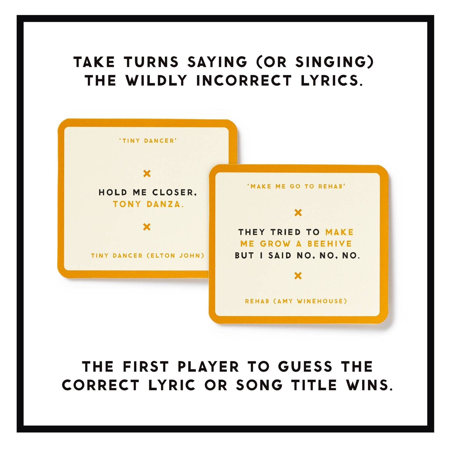 Two playing cards with humorous lyrics on a white background with text instructions.