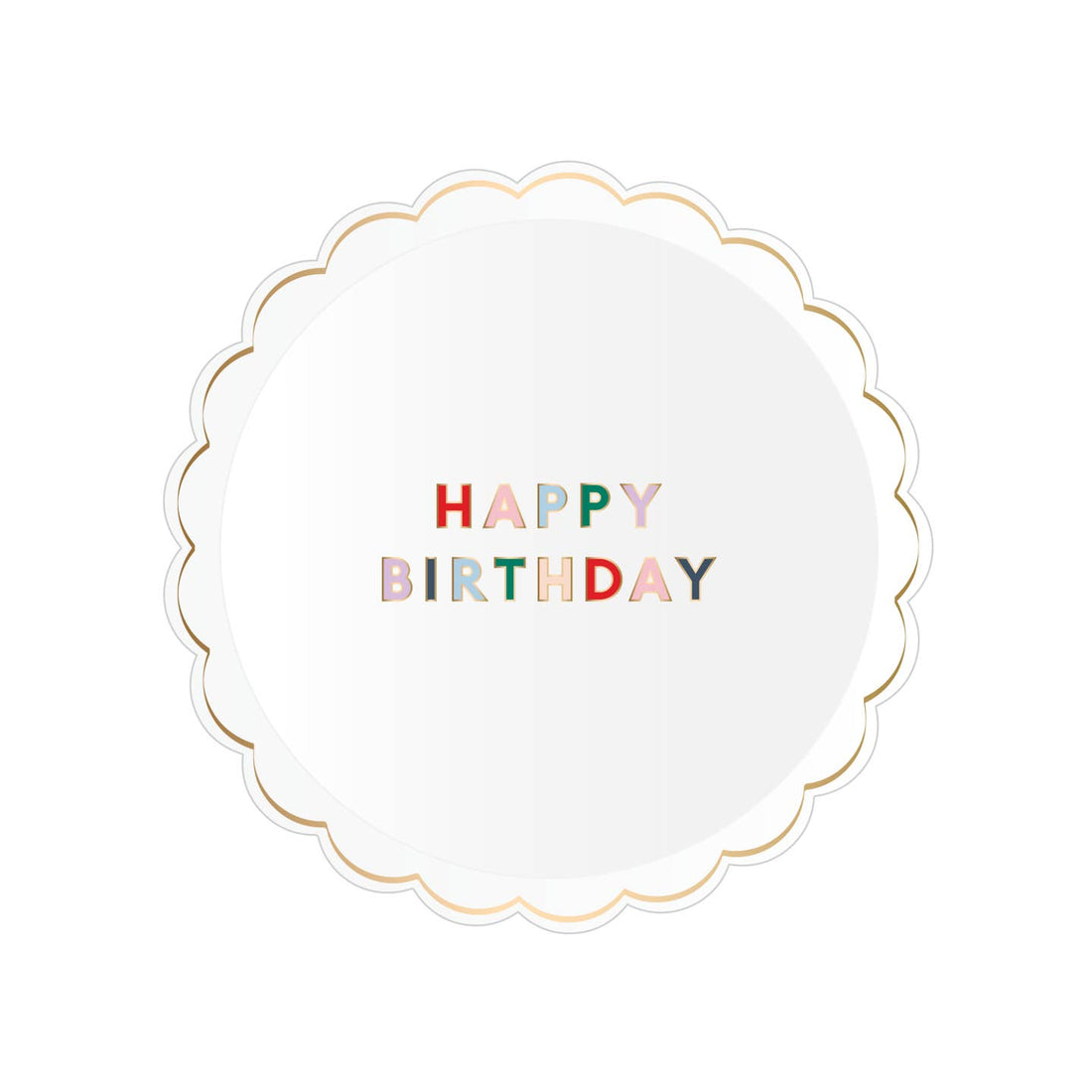 White paper plate with Happy Birthday printed in various colors on it. 