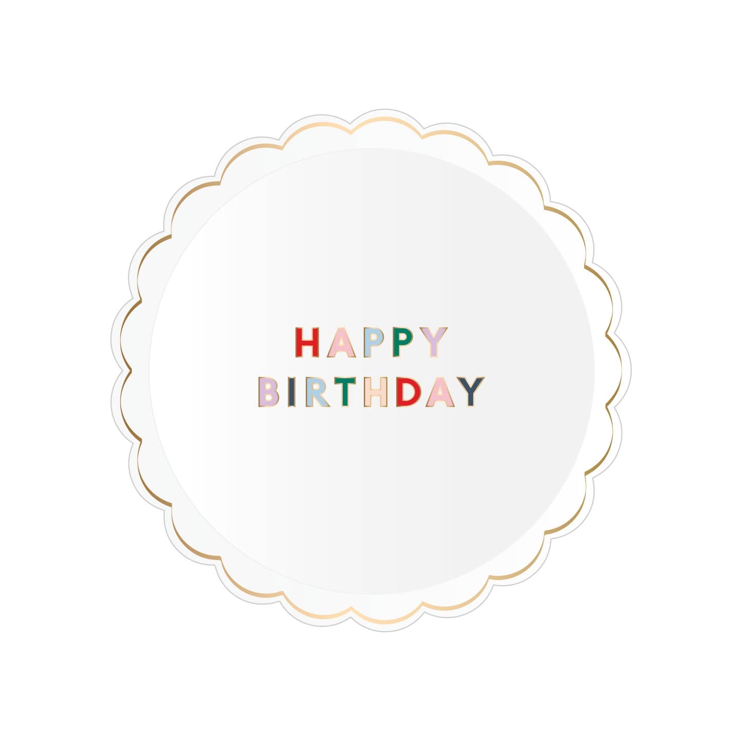 White paper plate with Happy Birthday printed in various colors on it. 