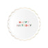 White paper plate with Happy Birthday printed in various colors on it. 