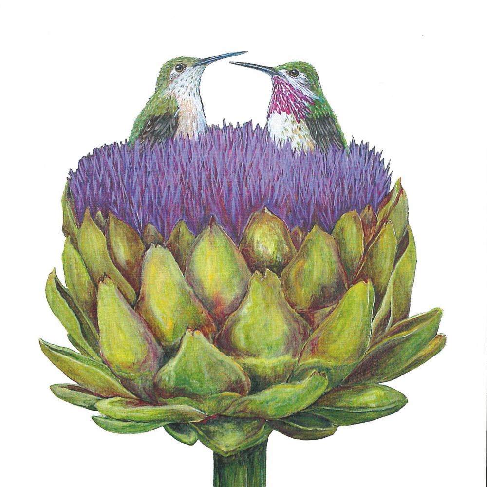 Love at First Artichoke Beverage Napkins featuring artwork by Vicki Sawyer with 2 small birds in an artichoke. 