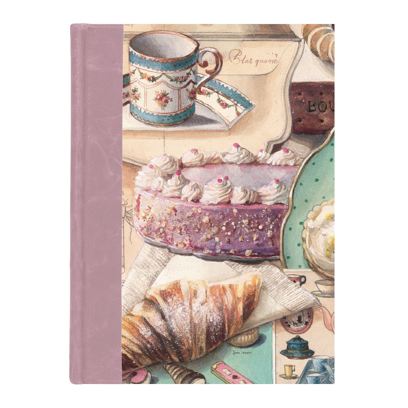 Notebook with a design of pastries and a teacup on the cover
