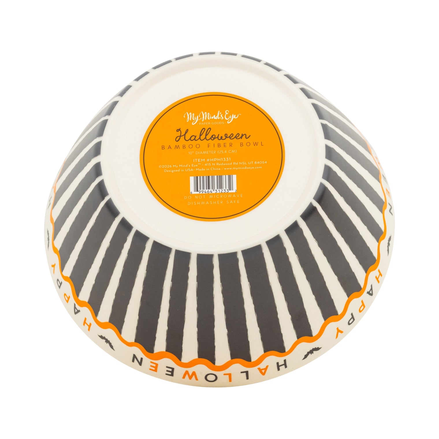 A 12-inch ceramic Halloween bowl shown from the bottom, featuring black and white stripes, an orange scalloped border, and &