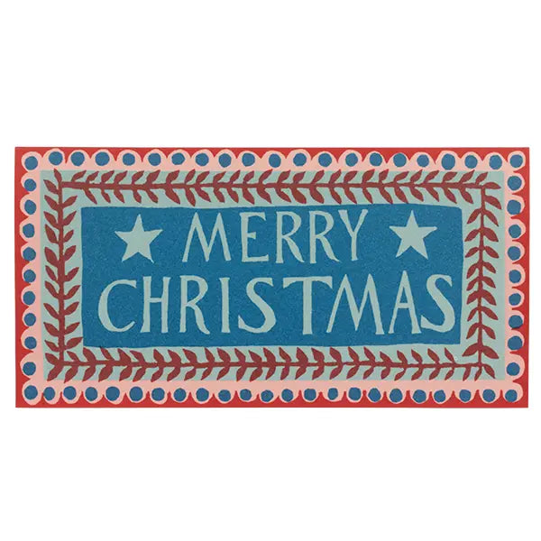 A rectangular holiday card with a festive red, blue, and pink design featuring the words &