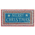 A rectangular holiday card with a festive red, blue, and pink design featuring the words &