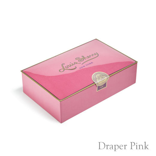 A Spring Louis Sherry Chocolate Box with a pink base and a gold lid, perfect for special occasions.
