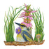 Illustration of a bird with a yellow chest and blue wings perched on a branch, adorned by pink flowers and green foliage with a small mushroom beside it