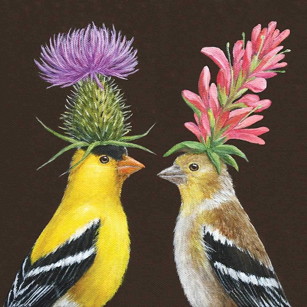 Two illustrated birds with flowers for heads, poised facing each other against a brown background, depict the Goldfinch Couple on these Paper Products Design beverage napkins.