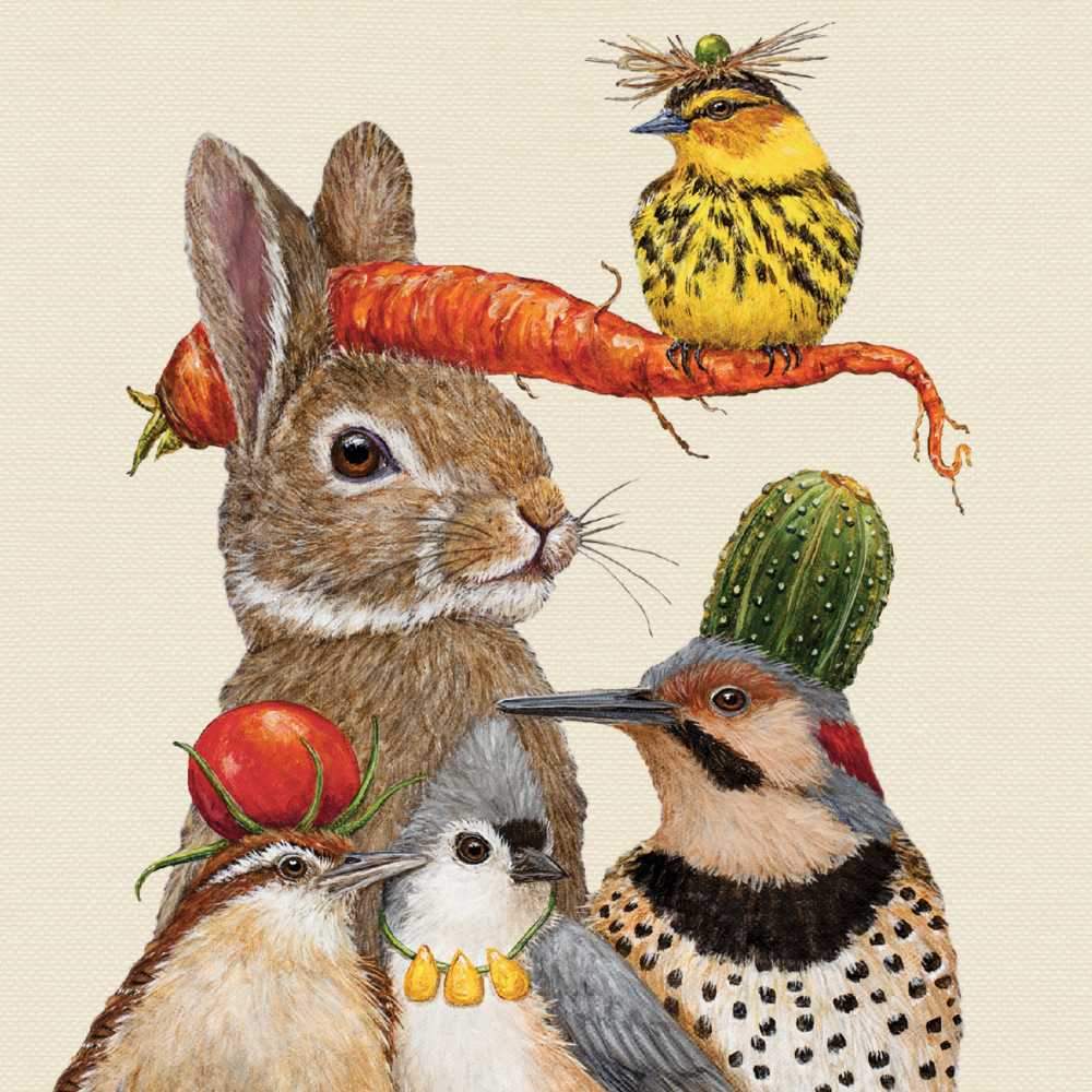Illustration of various birds, a rabbit, and vegetables arranged in a whimsical stack with a bird wearing a carrot as a hat, designed in the unique style of Vicki Sawyer on Paper Products Design&