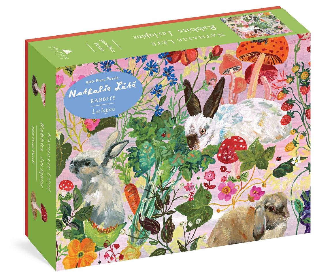 Jigsaw puzzle box with rabbits and nature-themed design.