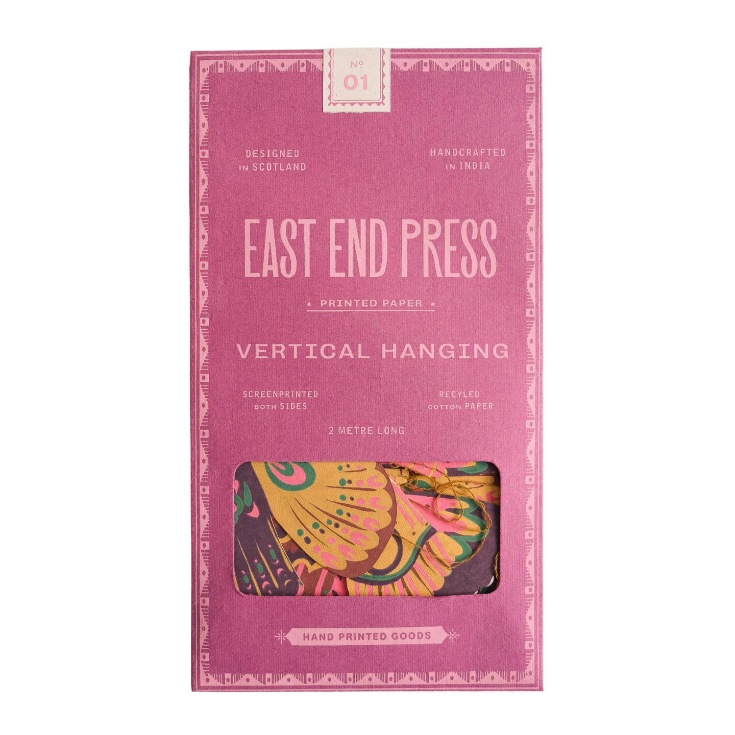 Pink packaging of East End Press with a colorful design on a white background