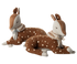 2 brown stuffed animal deer.  Both with faux fur scarves.  One deers scarf is tied with and off white ribbon the other with a blue ribbon