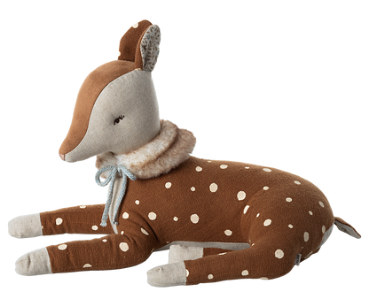 Stuffed animal brown deer with white spots and a faux fur scarf tied with a off mint bow