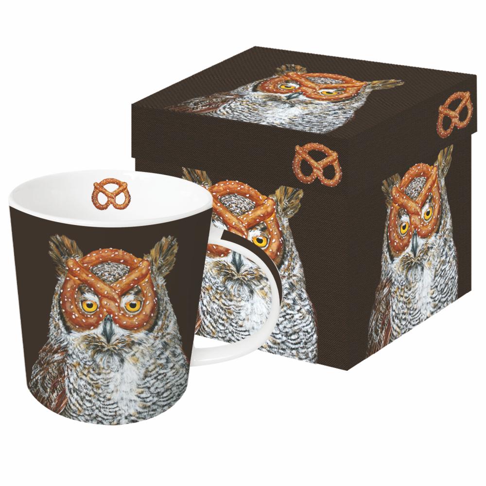 A Paper Products Design Otto with Pretzel Mug in Gift Box and coaster set with an owl artwork design, accompanied by a matching box.