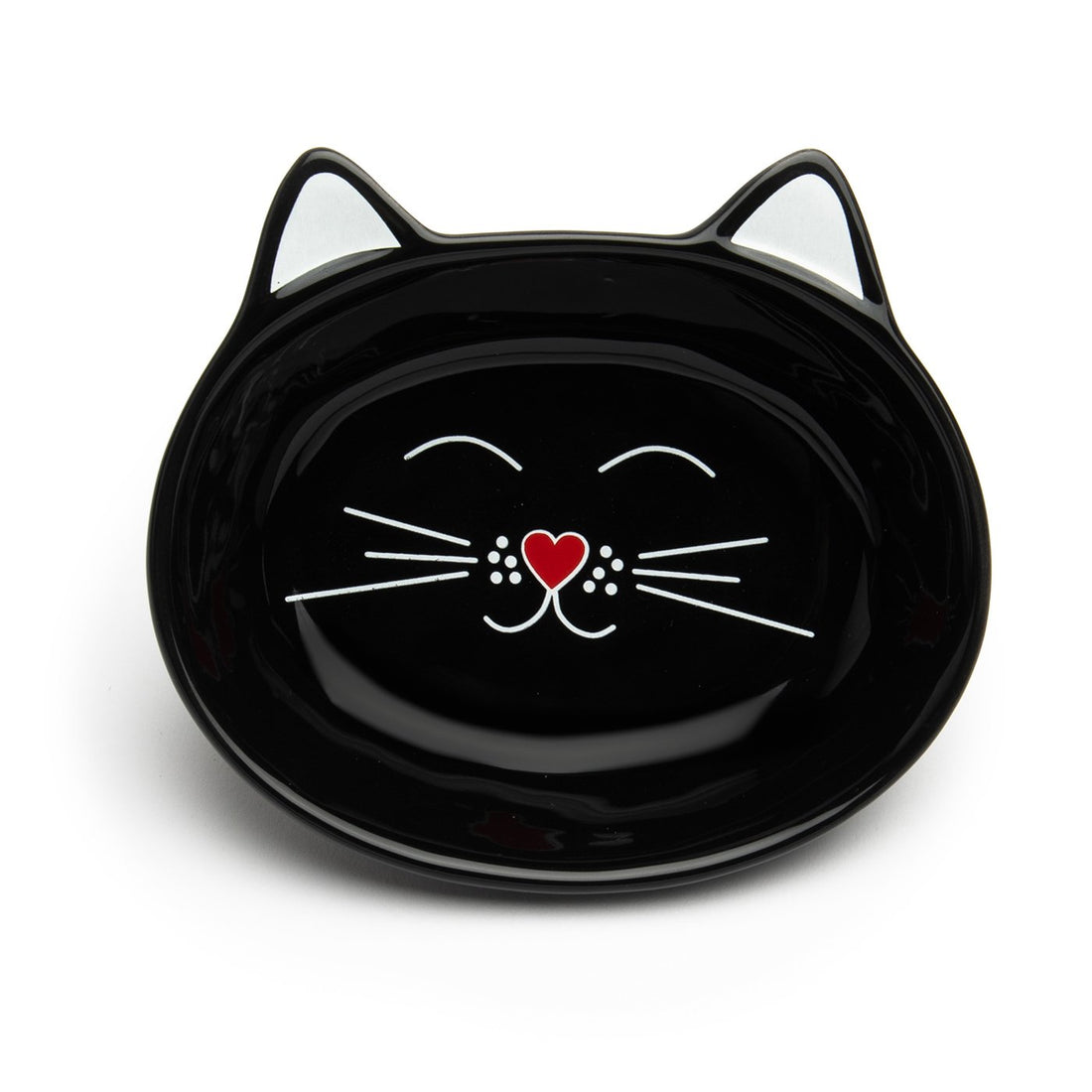 Black cat-shaped bowl with a red heart shaped nose and white whiskers on a white background.