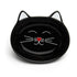 Black cat-shaped bowl with a red heart shaped nose and white whiskers on a white background.