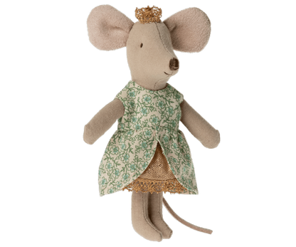 Stuffed Princess Mouse toy wearing a green floral-patterned dress with a golden tiara from Maileg&
